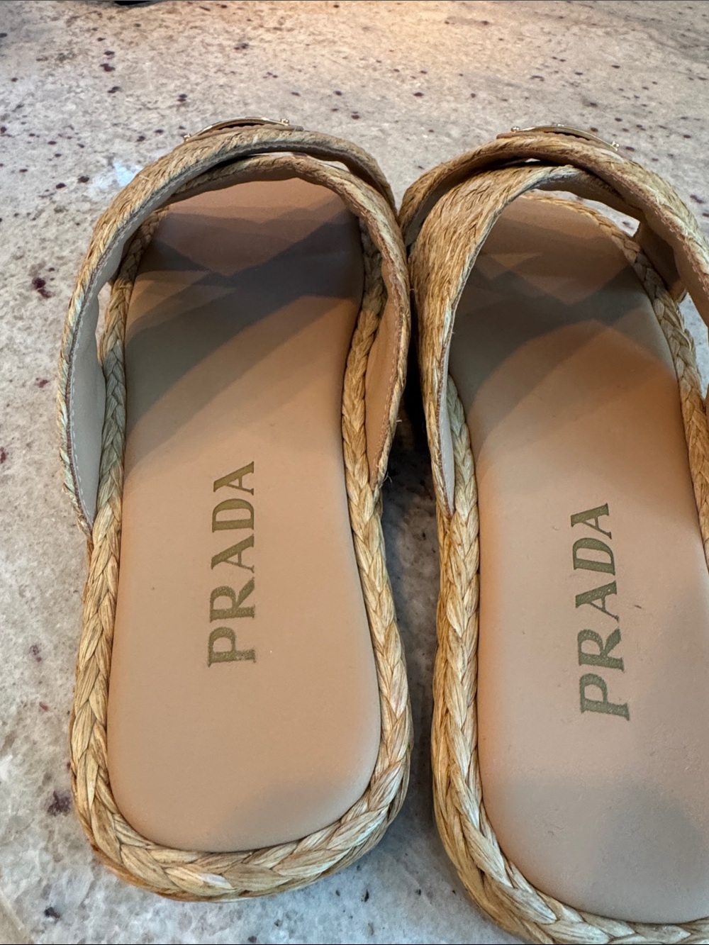 Prada Natural Raffia Crisscross Slide Sandals with Gold Logo - Picture 4 of 9